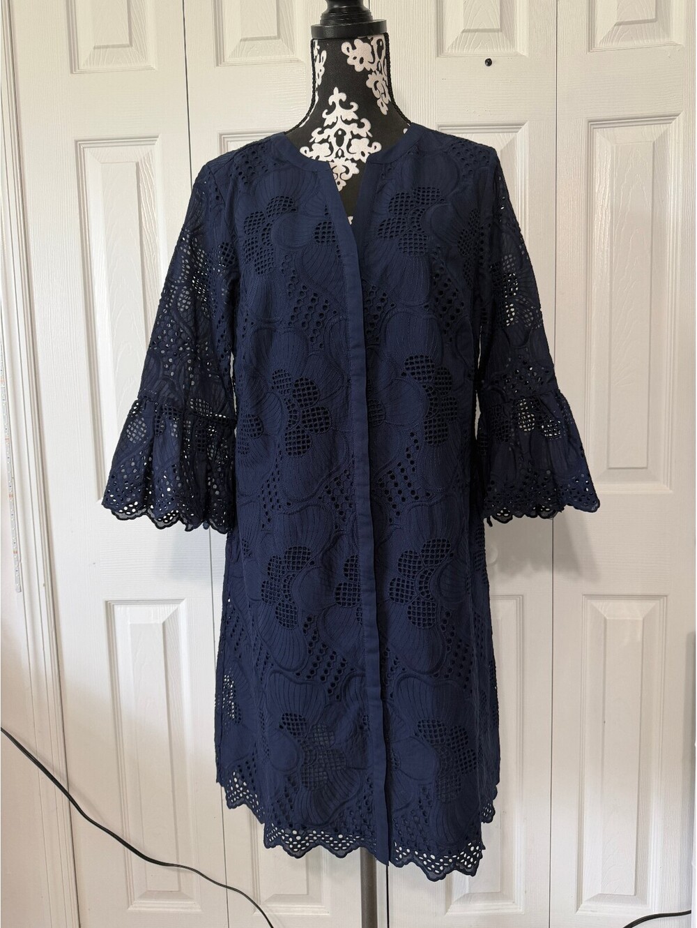 Navy Blue Cotton Eyelet Lace Long Sleeve Dress with Bell Sleeves